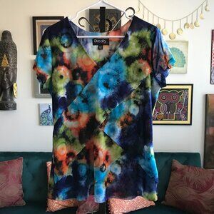 DUSAK DESIGNS size XL Blue Green & Orange Print Stretch Mesh Art To Wear Top